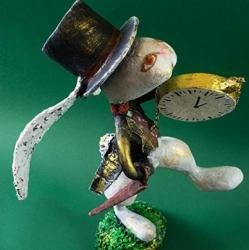 NILLY AND THE CITY, OOAK Handmade Art Doll, Rabbit with Gold Pocket Watch, Papier Mache Sculpture, Unique Original 3D Artwork