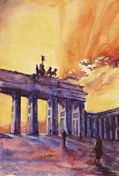 Watercolor painting of silhouette of Brandenburg Gate at sunset in the city of Berlin- Germany, Europe