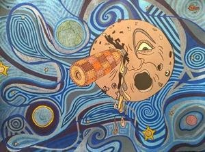 moon - original signed drawing inspired by Melies Voyage to the Moon