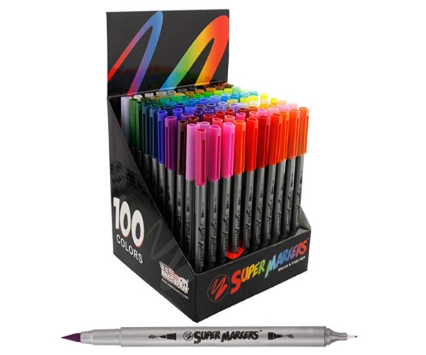 Super Markers 100 Unique Colors Fineliner and Brush Twin Tip Marker Set