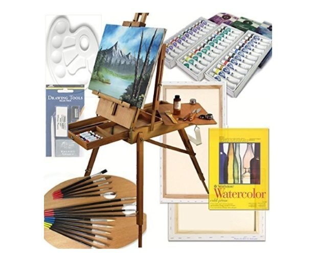 Art Set with HARDWOOD French Easel, Paints, Stretched Canvases